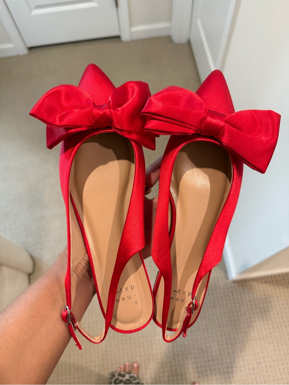 a new day Red Satin Pointed Slingback Flats with Bow
